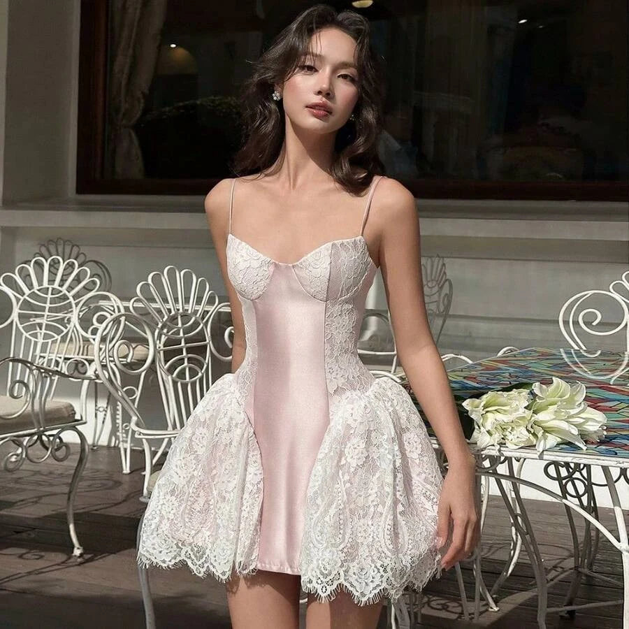 Elegant A-Line Sweetheart Spaghetti Straps Lace Satin Blush Pink Mini Homecoming Dress