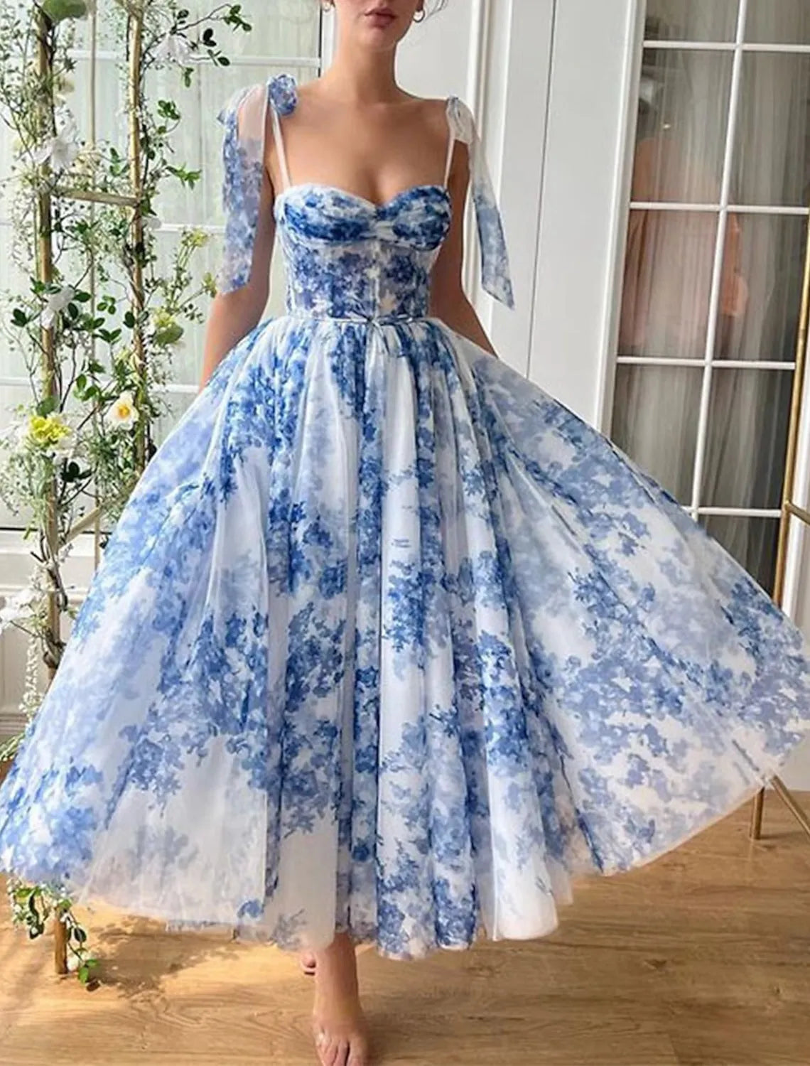 Elegant A-Line Sweetheart Tie Shoulder Floral Print Whimsical Blue Tea-Length Prom Dress