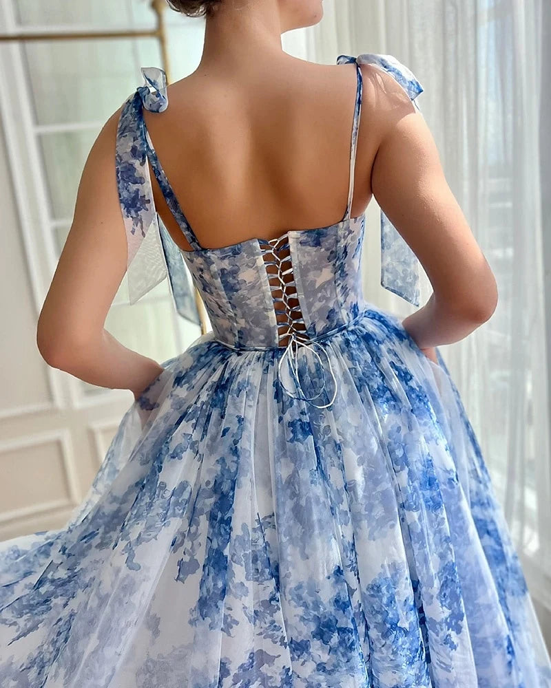 Elegant A-Line Sweetheart Tie Shoulder Floral Print Whimsical Blue Tea-Length Prom Dress