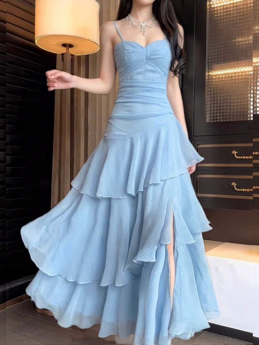 Elegant A-Line Sweetheart Tiered Ruffle High Slit Sky Blue Floor-Length Prom Dress