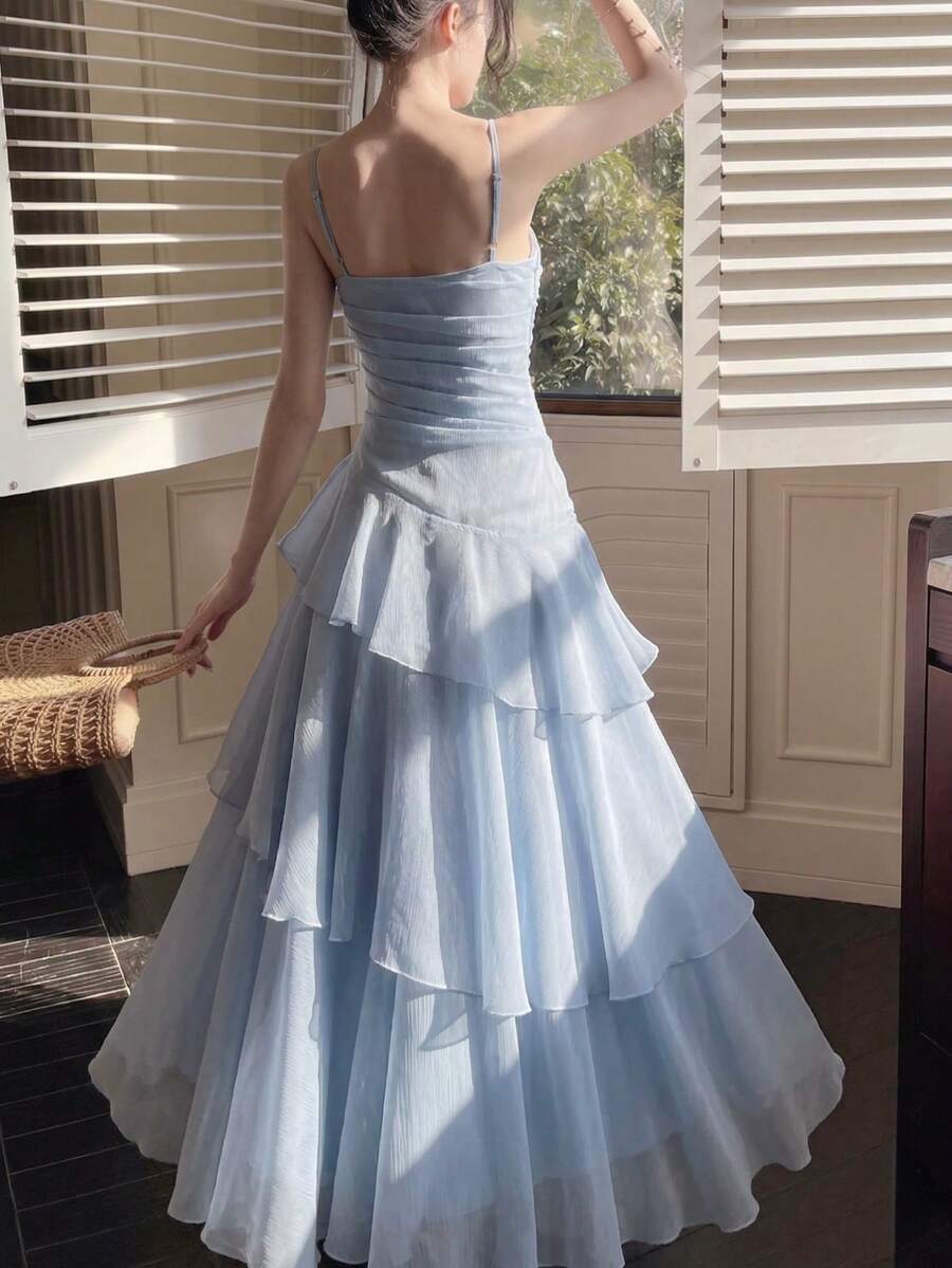 Elegant A-Line Sweetheart Tiered Ruffle High Slit Sky Blue Floor-Length Prom Dress