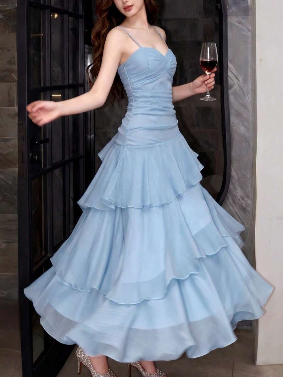 Elegant A-Line Sweetheart Tiered Ruffle High Slit Sky Blue Floor-Length Prom Dress