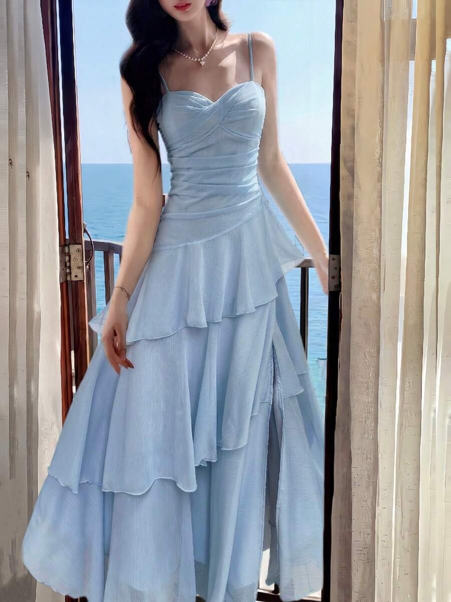 Elegant A-Line Sweetheart Tiered Ruffle High Slit Sky Blue Floor-Length Prom Dress