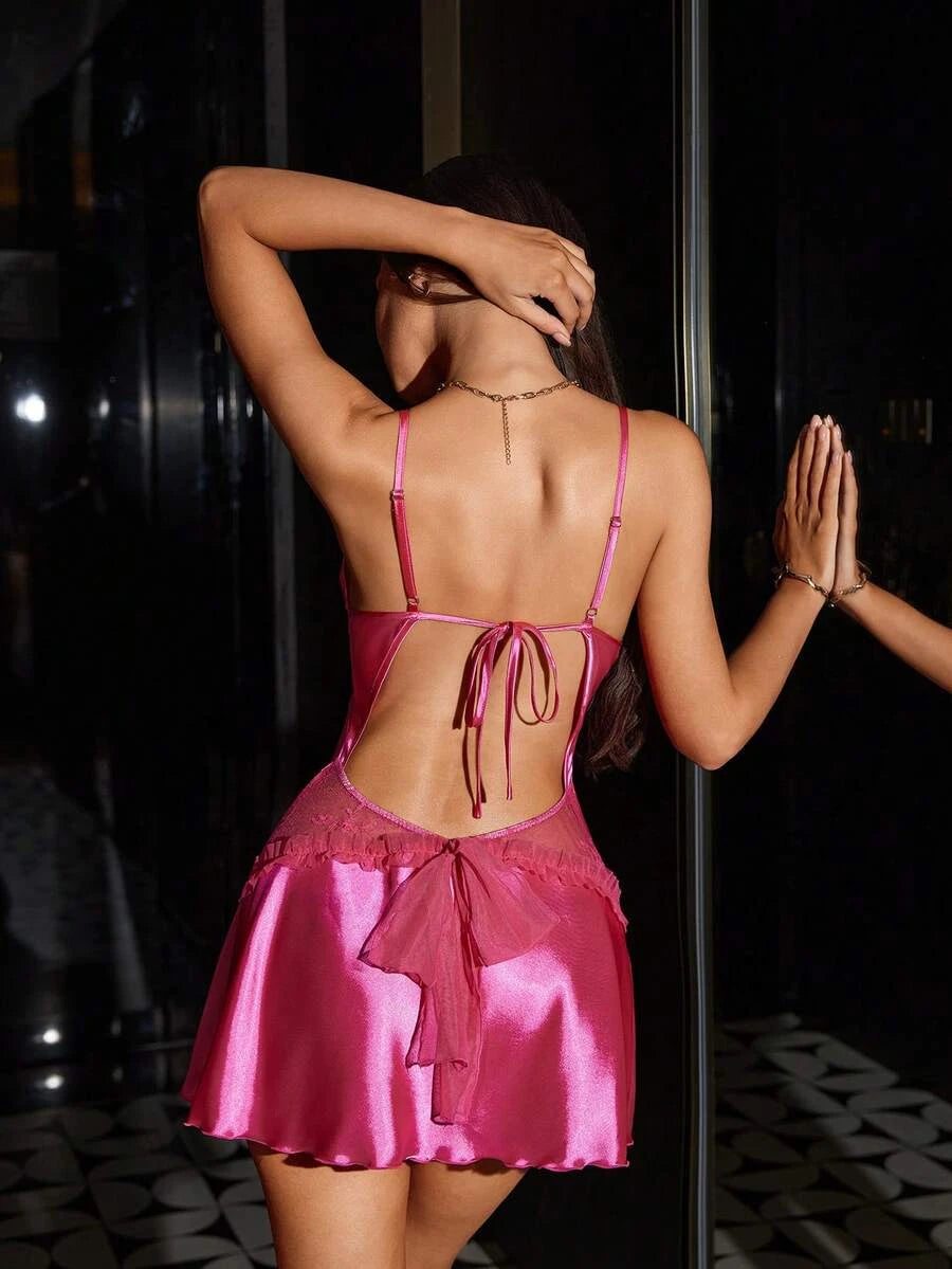 Elegant A-Line V-Neck Backless Tie Ruffle Satin Trim Fuchsia Mini Homecoming Dresses