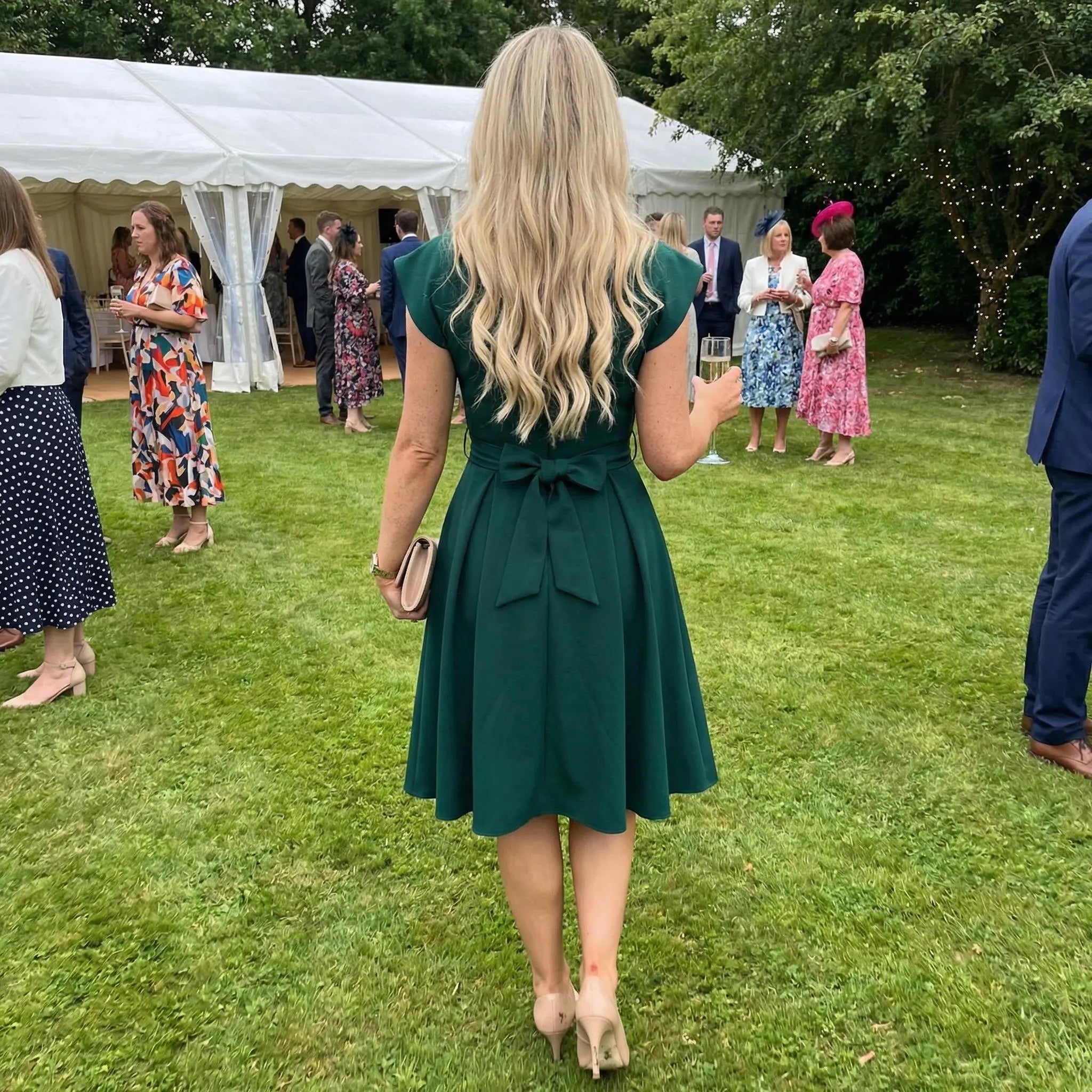 Elegant A-Line V-Neck Cap Sleeve Wrap Bodice Emerald Green Midi Homecoming Dress