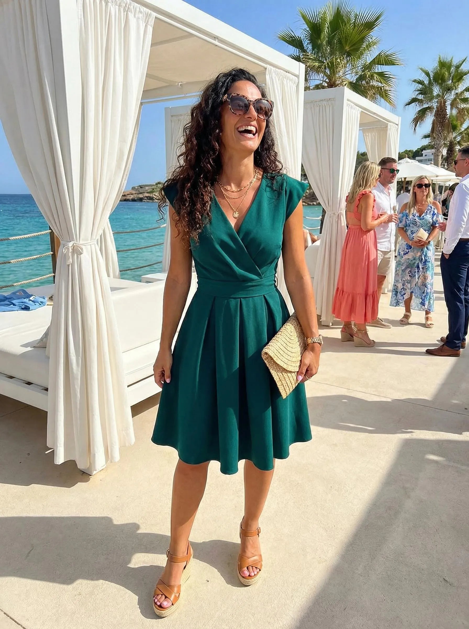 Elegant A-Line V-Neck Cap Sleeve Wrap Bodice Emerald Green Midi Homecoming Dress