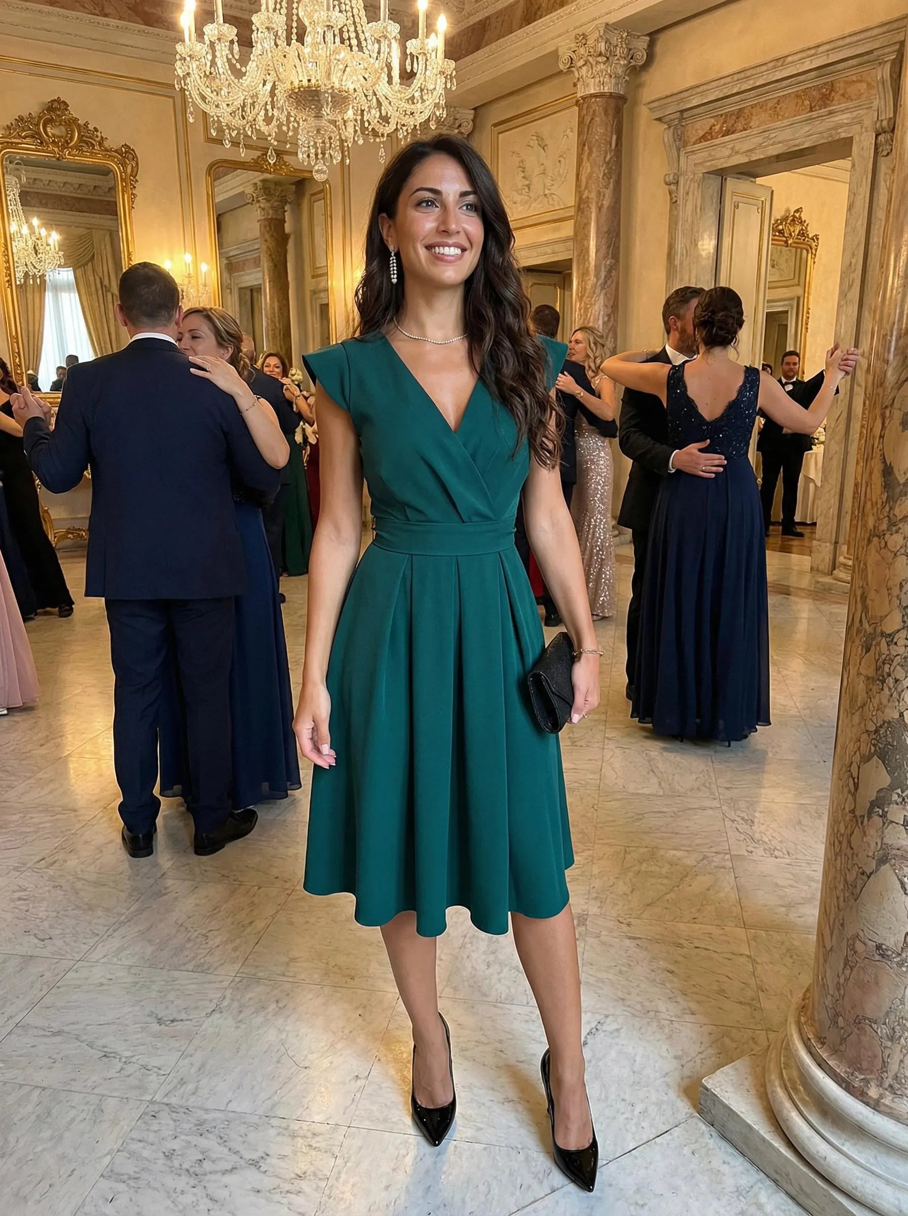 Elegant A-Line V-Neck Cap Sleeve Wrap Bodice Emerald Green Midi Homecoming Dress