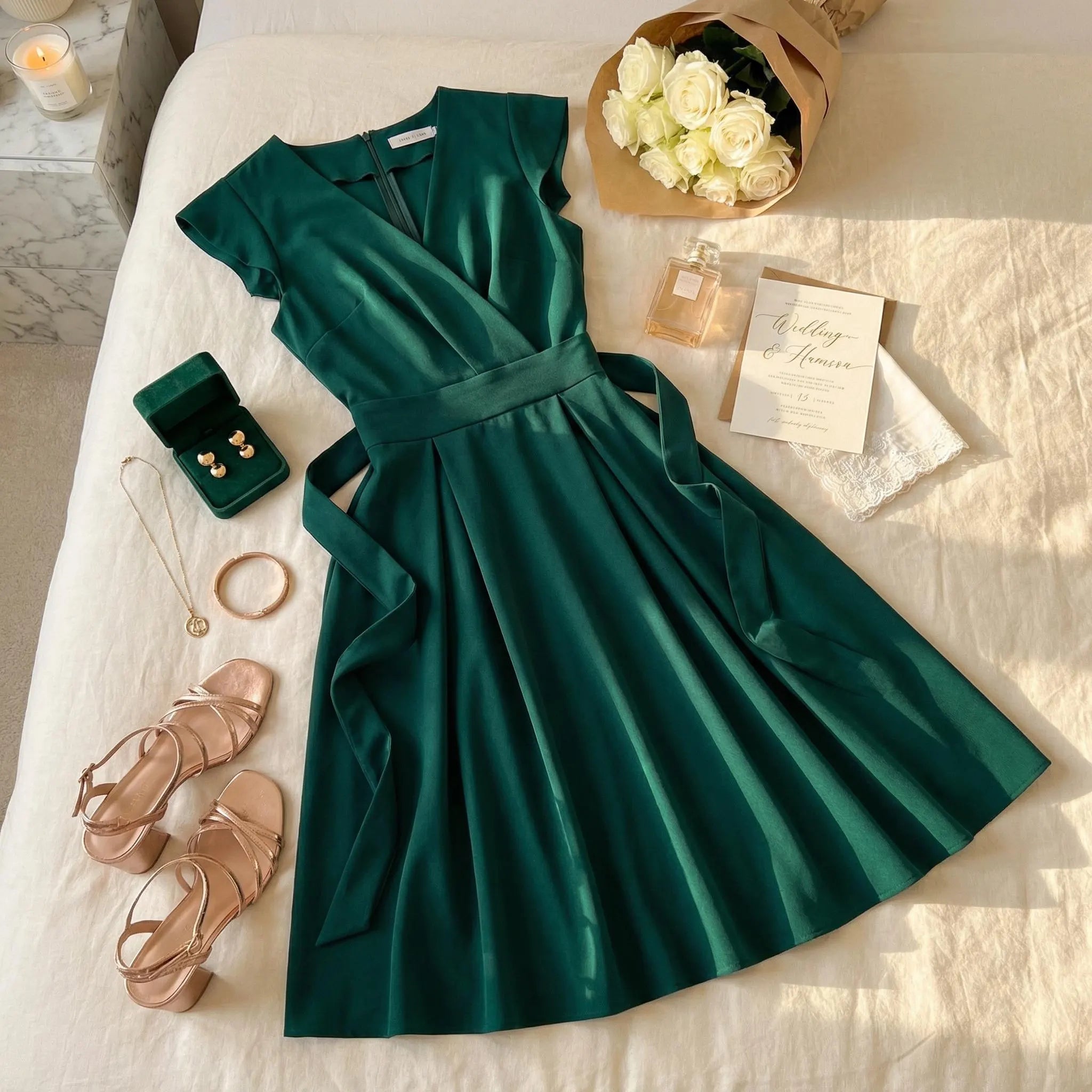 Elegant A-Line V-Neck Cap Sleeve Wrap Bodice Emerald Green Midi Homecoming Dress