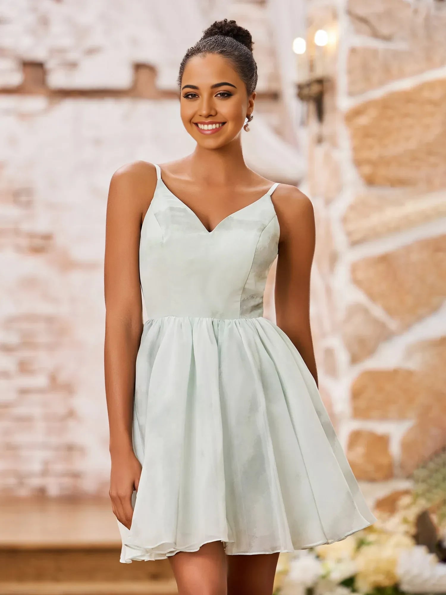 Elegant A-Line V-Neck Flowy Pleated Chiffon Mint Green Short Homecoming Dress