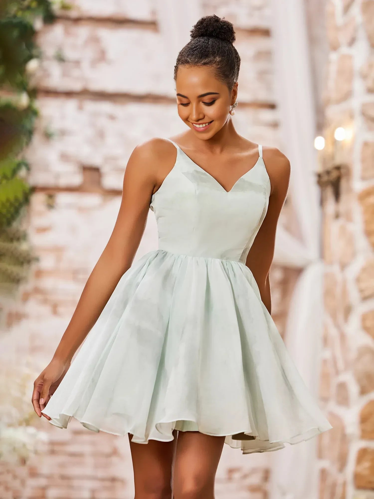 Elegant A-Line V-Neck Flowy Pleated Chiffon Mint Green Short Homecoming Dress