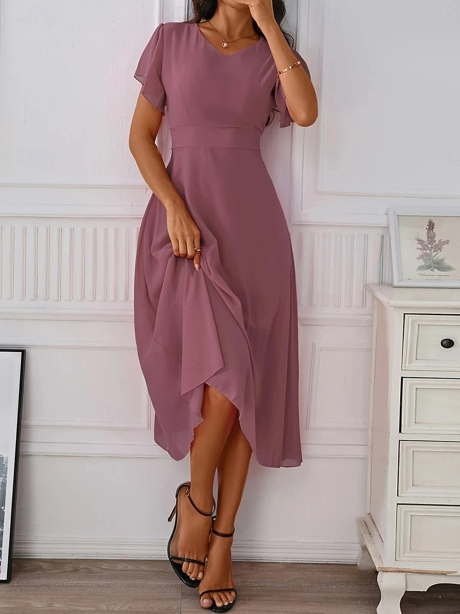 Elegant  V-Neck Flutter Sleeve Dusty Pink Midi Prom Dress