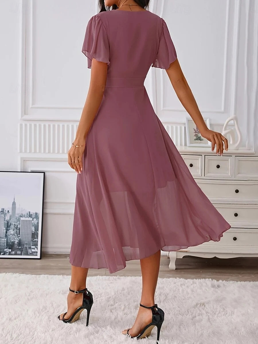 Elegant  V-Neck Flutter Sleeve Dusty Pink Midi Prom Dress