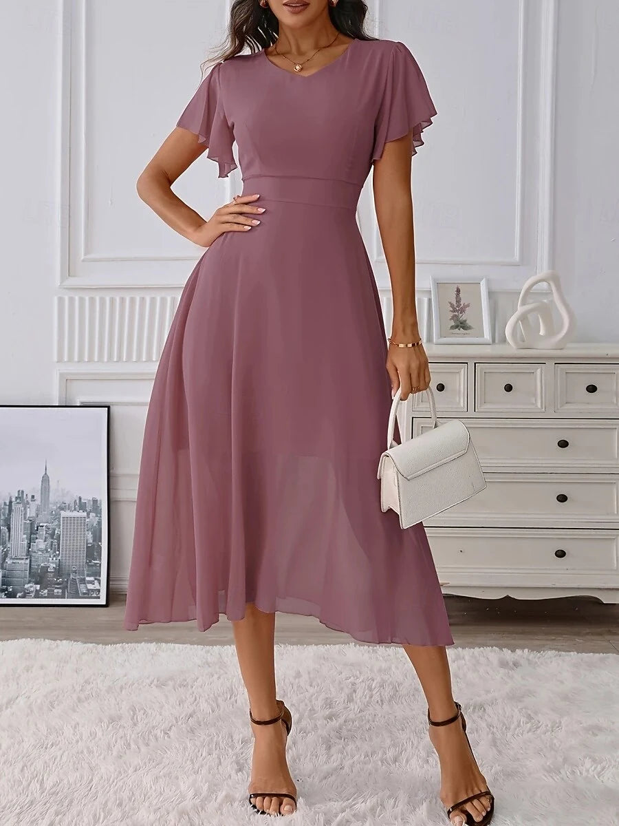 Elegant  V-Neck Flutter Sleeve Dusty Pink Midi Prom Dress