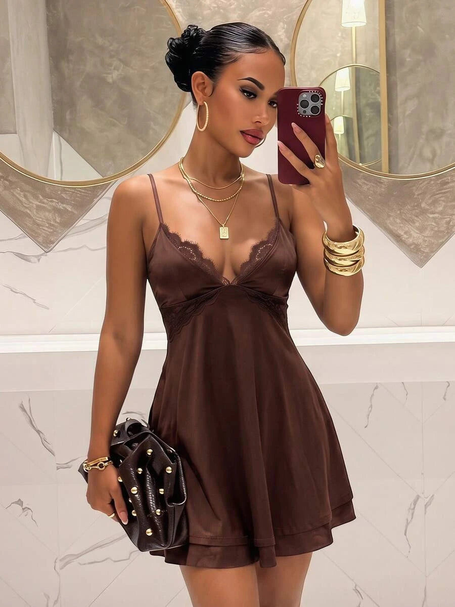 Elegant A-Line V-Neck Lace Trim Flirty Chocolate Brown Mini Homecoming Dresses