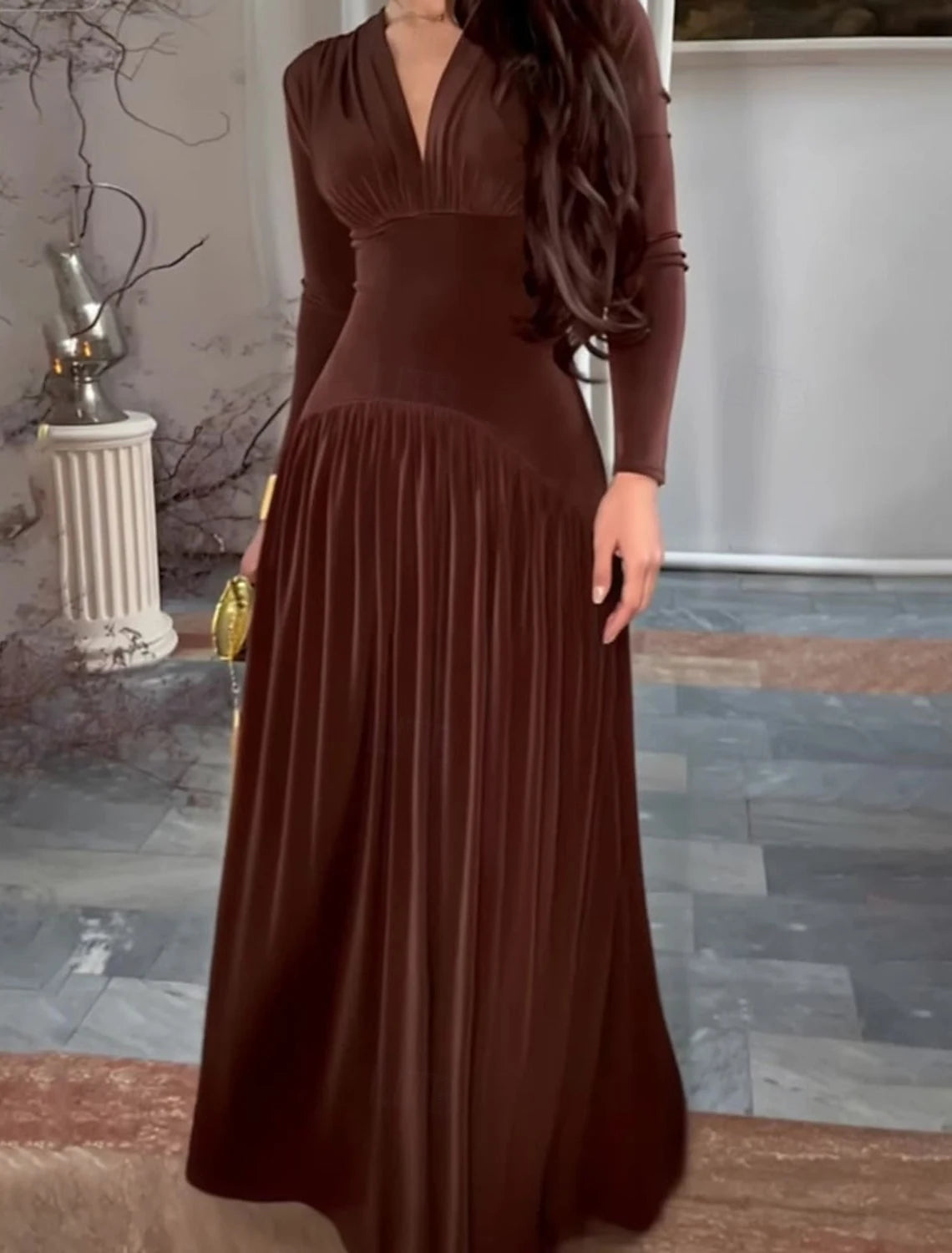 Elegant A-Line V-Neck Long Sleeve Vintage Pleated Chocolate Brown Floor-Length Wedding Dress