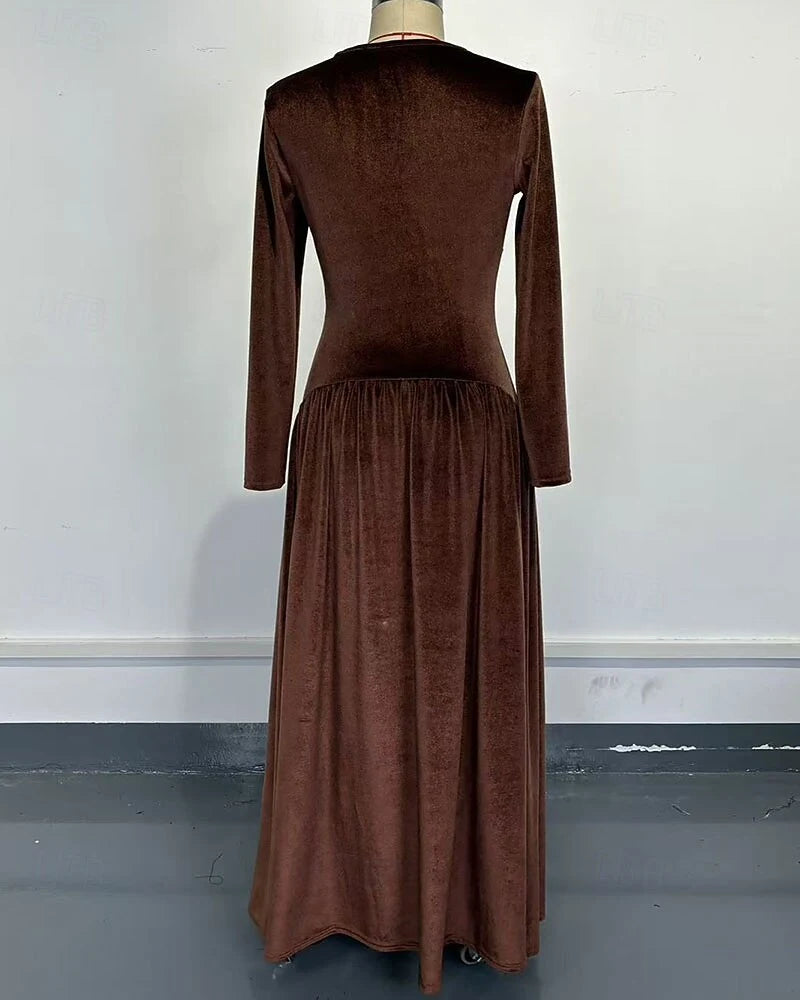 Elegant A-Line V-Neck Long Sleeve Vintage Pleated Chocolate Brown Floor-Length Wedding Dress