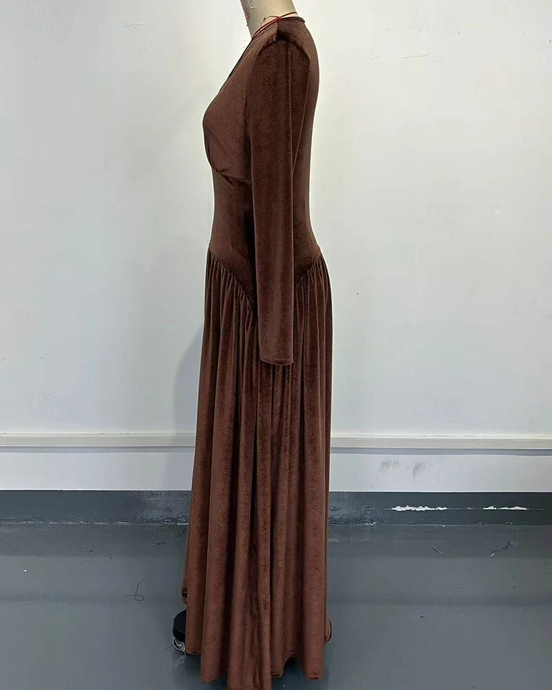 Elegant A-Line V-Neck Long Sleeve Vintage Pleated Chocolate Brown Floor-Length Wedding Dress
