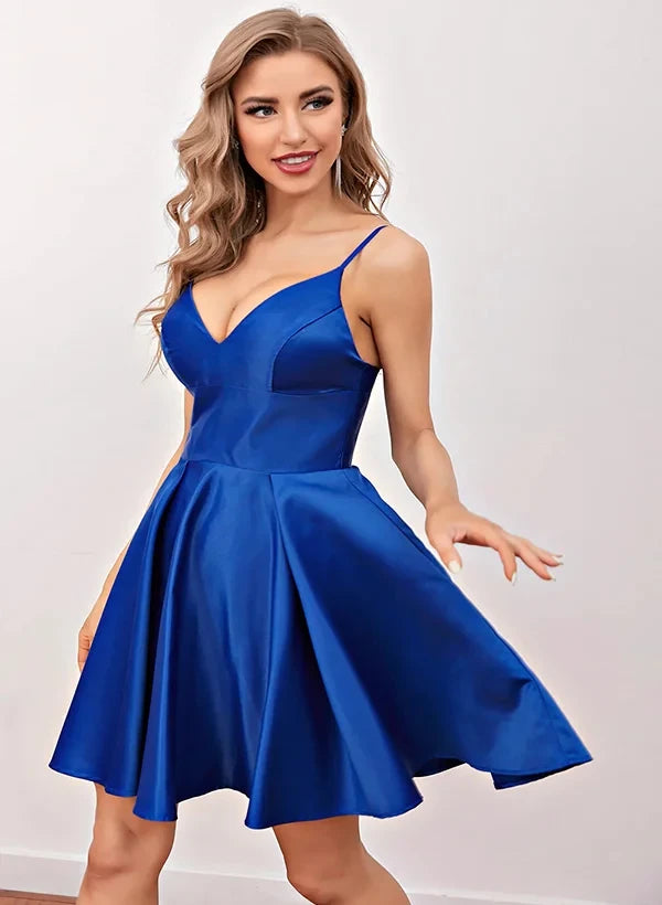 Elegant A-Line V-Neck Pleated Flowy Satin Royal Blue Short Homecoming Dress