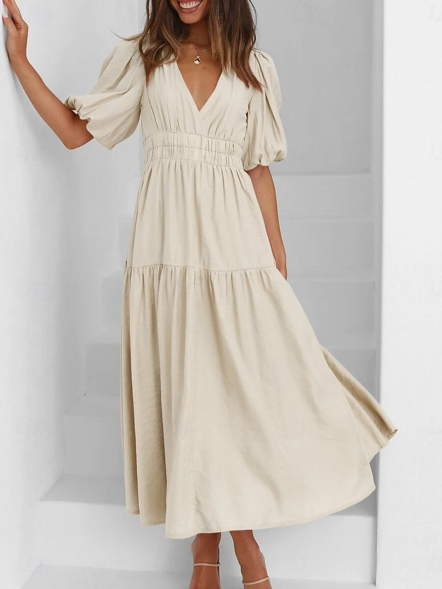 Elegant A-Line V-Neck Puff Sleeve Flowy Chic Light Beige Ankle-Length Prom Dress