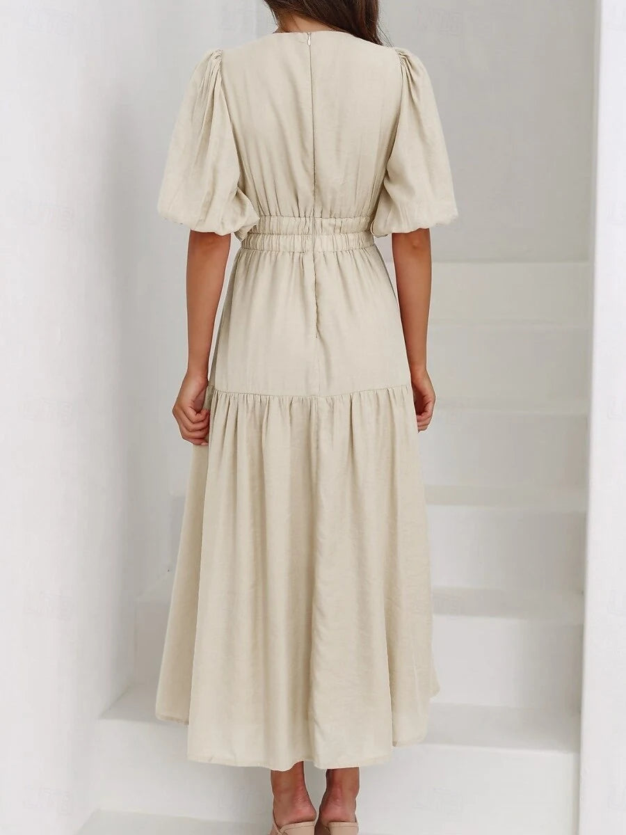 Elegant A-Line V-Neck Puff Sleeve Flowy Chic Light Beige Ankle-Length Prom Dress