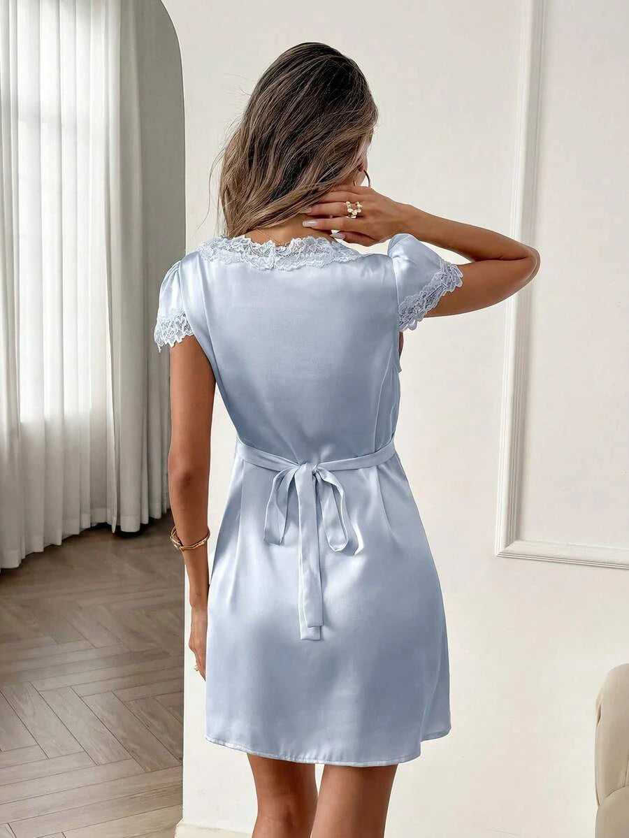 Elegant A-Line V-Neck Puff Sleeve Lace Trim Light Blue Mini Homecoming Dress