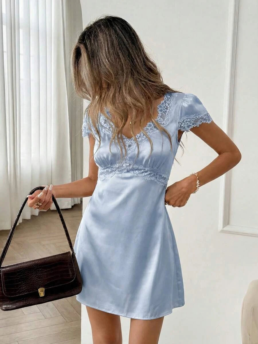 Elegant A-Line V-Neck Puff Sleeve Lace Trim Light Blue Mini Homecoming Dress
