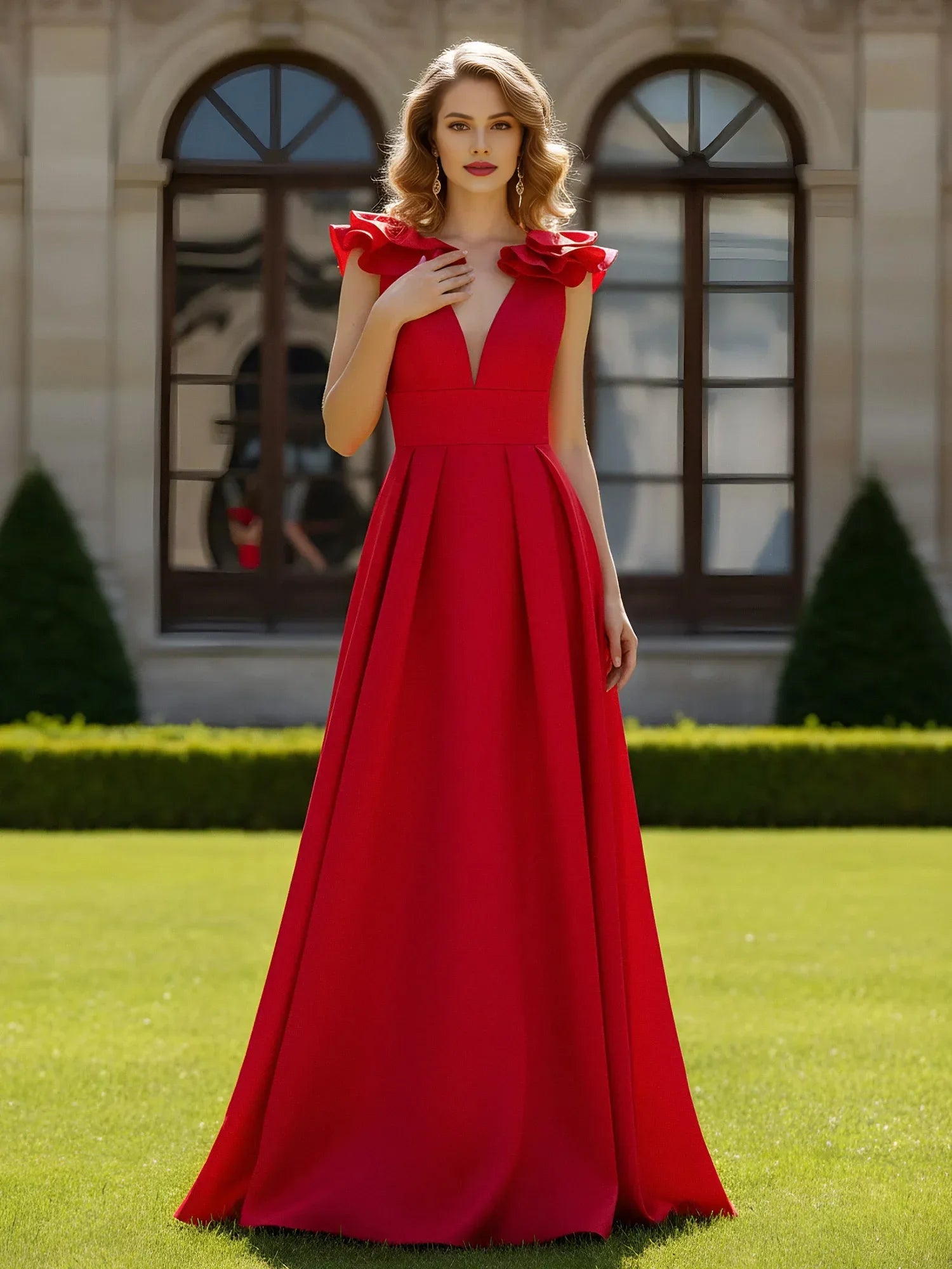 Elegant A-Line V-Neck Ruffled Cap Sleeve Satin Red Floor-Length Prom Dress Hot Sale