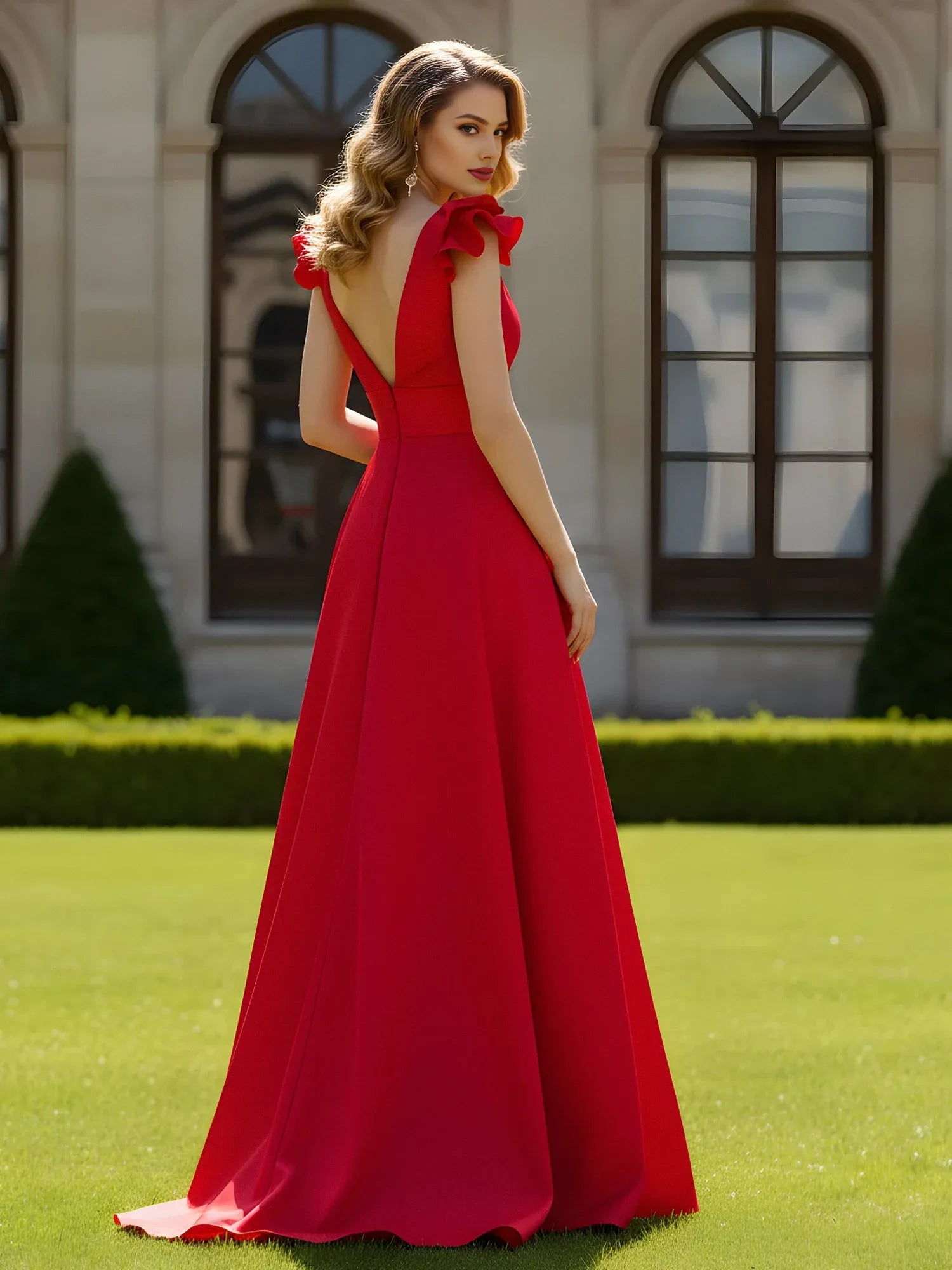 Elegant A-Line V-Neck Ruffled Cap Sleeve Satin Red Floor-Length Prom Dress Hot Sale