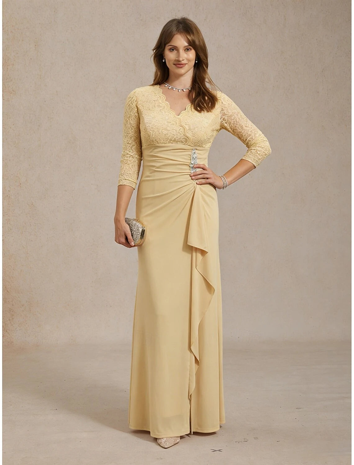 Elegant A-Line V-Neck Three-Quarter Sleeve Ruched Champagne Floor-Length Homecoming Dress