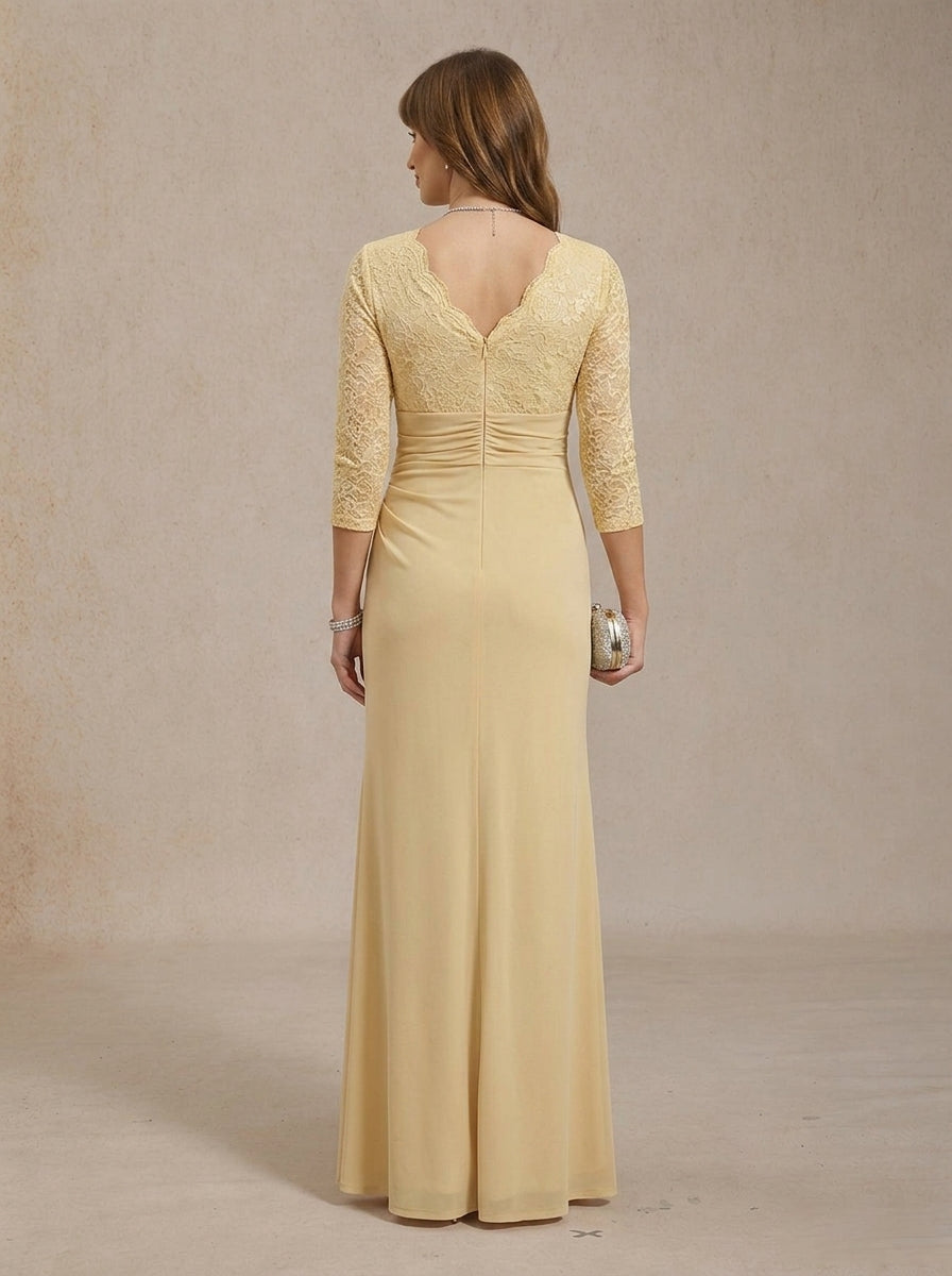 Elegant A-Line V-Neck Three-Quarter Sleeve Ruched Champagne Floor-Length Homecoming Dress