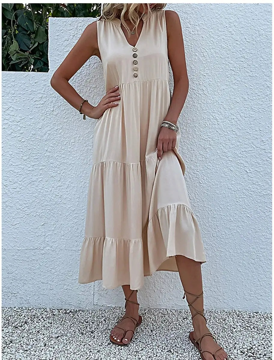Elegant A-Line V-Neck Tiered Ruffle Button-Front Beige Midi Homecoming Dress