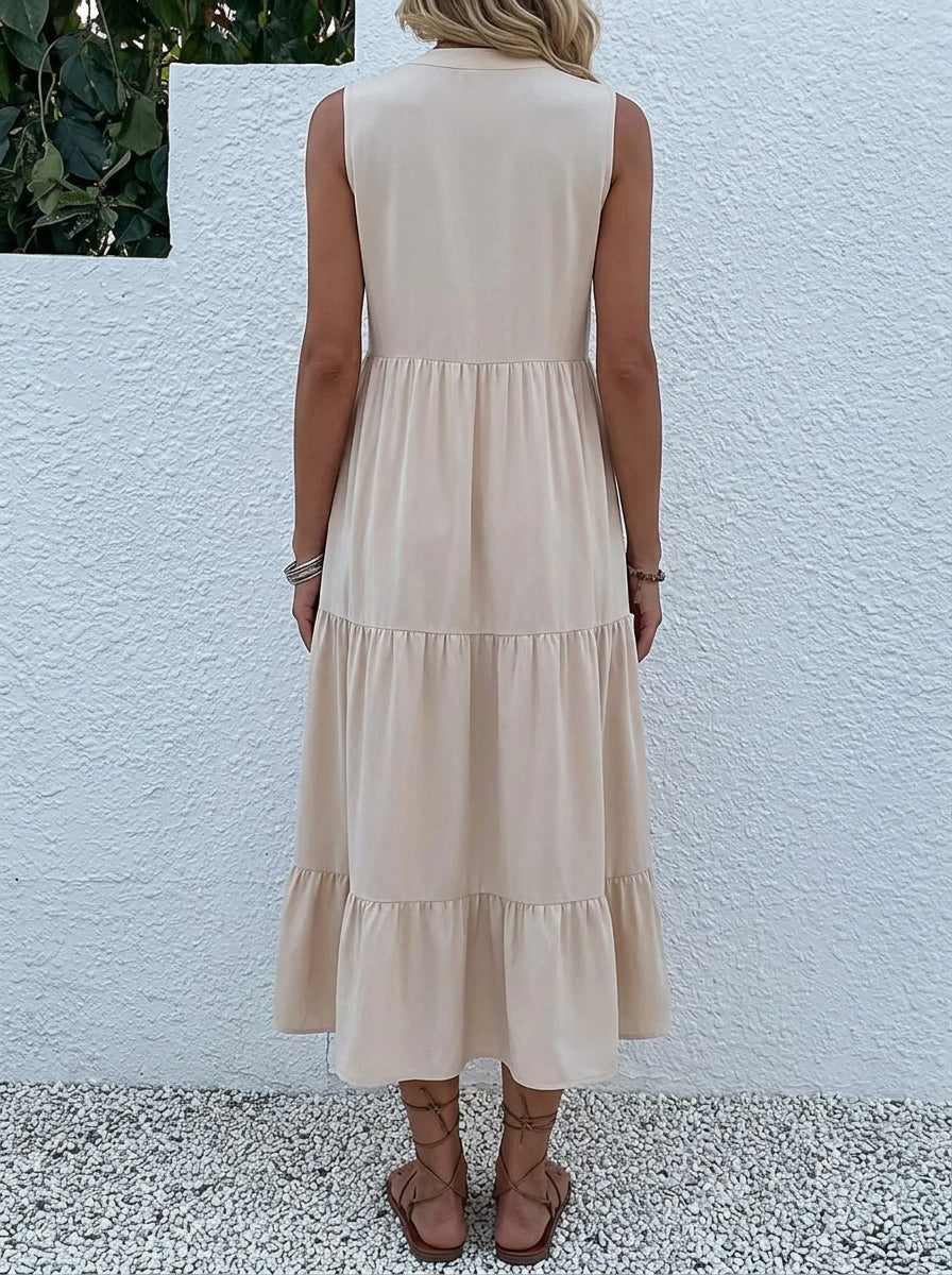 Elegant A-Line V-Neck Tiered Ruffle Button-Front Beige Midi Homecoming Dress