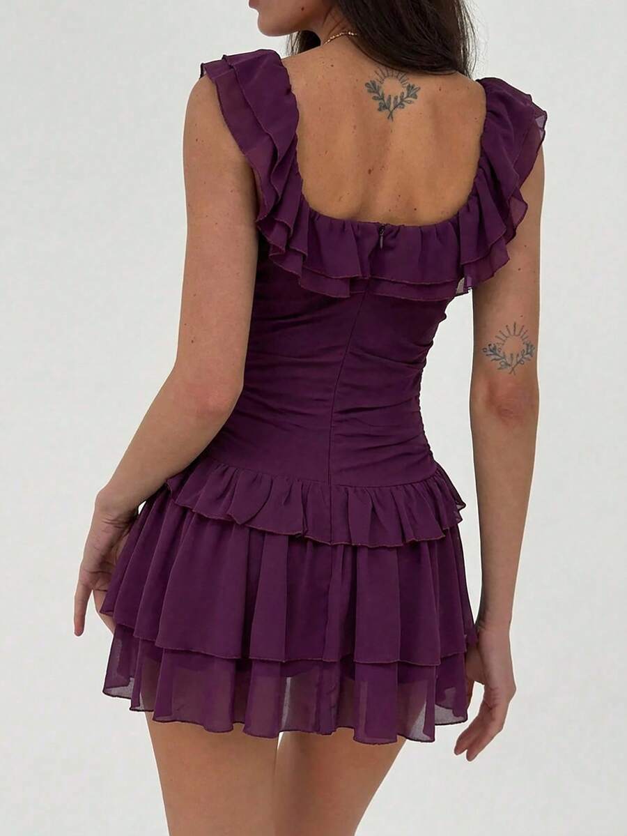 Elegant A-Line V-Neck Tiered Ruffle Ruched Purple Mini Homecoming Dress