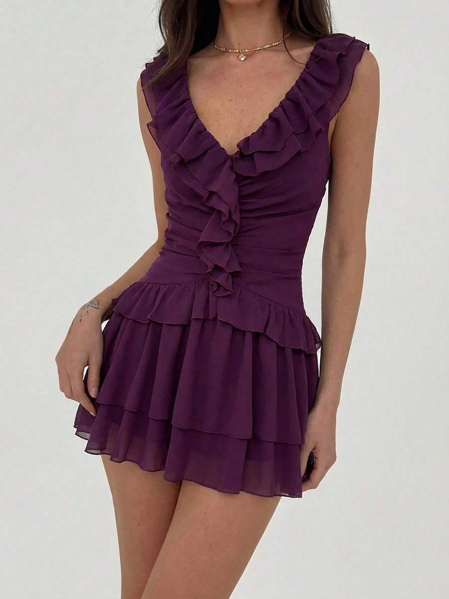 Elegant A-Line V-Neck Tiered Ruffle Ruched Purple Mini Homecoming Dress