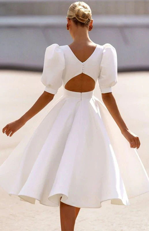 Elegant A-line Round Neck Puff Sleeves Tea-Length Prom Party Dress