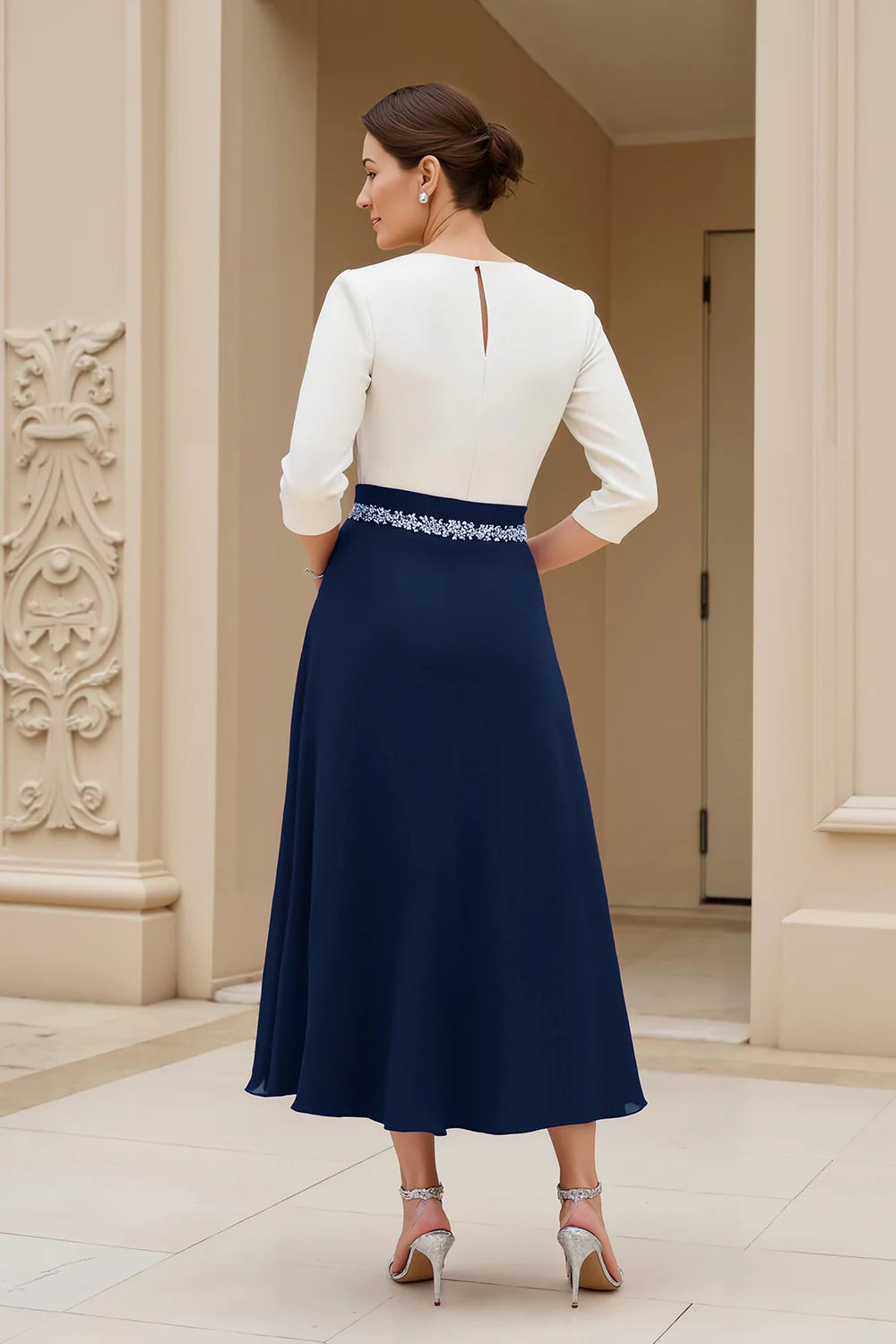 Elegant A Line Boat Neck Long Sleeve Scoop Back Tea-Length Mother of the Bride Dress