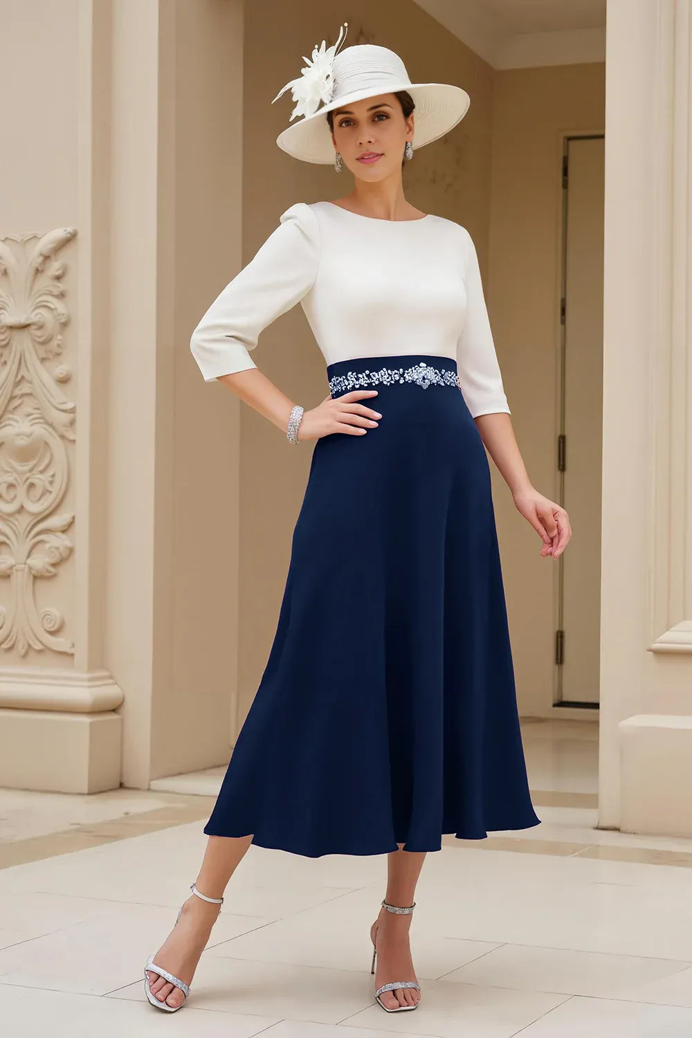Elegant A Line Boat Neck Long Sleeve Scoop Back Tea-Length Mother of the Bride Dress