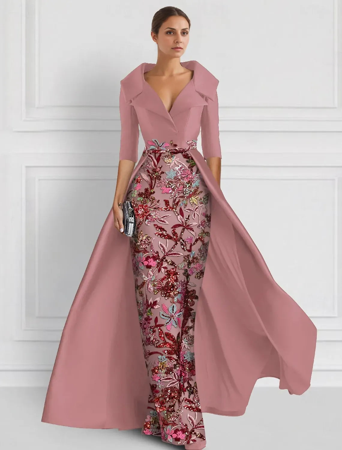 Elegant Ball Gown Half Sleeve Shirt Collar Satin Slit Floor-Length Mother Of The Bride Dress