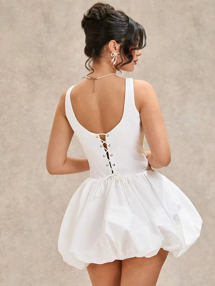 Elegant Boat Neck Backless White Mini Bubble Homecoming Dress With Bubble Hem