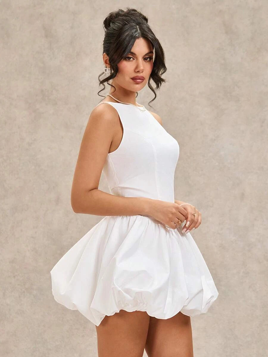 Elegant Boat Neck Backless White Mini Bubble Homecoming Dress With Bubble Hem