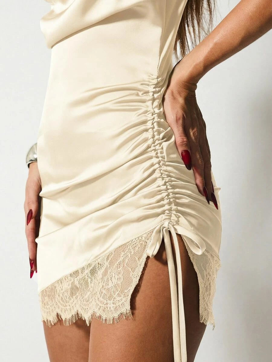 Elegant Bodycon Cowl Neck Ruched Lace Trim Cream Mini Homecoming Dress