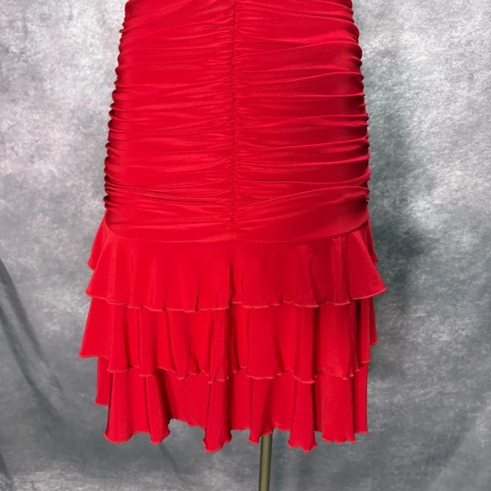 Elegant Bodycon Spaghetti Strap Ruched Tiered Ruffled Red Mini Homecoming Dress