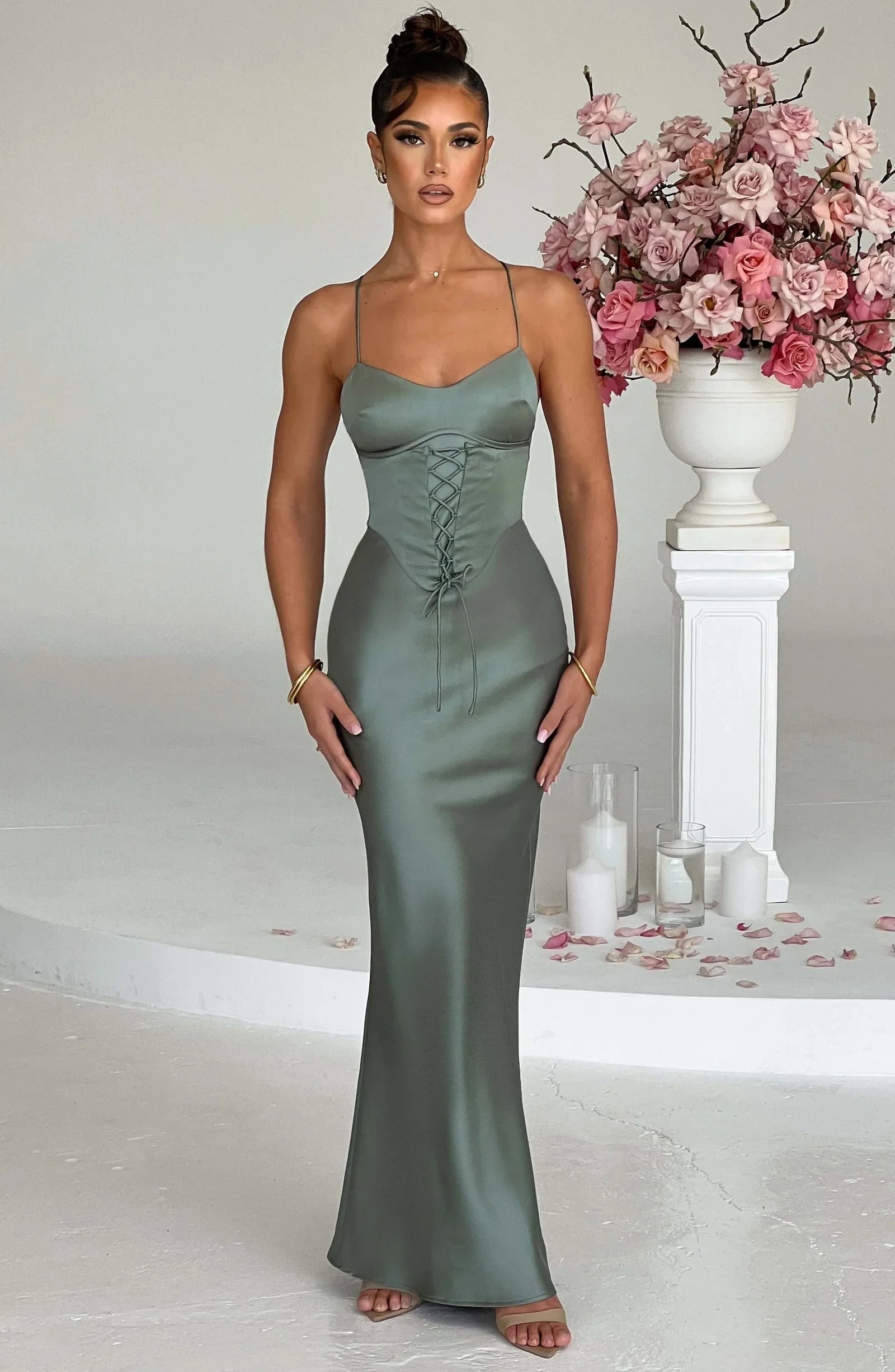 Elegant Bodycon Sweetheart Corset Backless Satin Sage Floor-Length Prom Dress