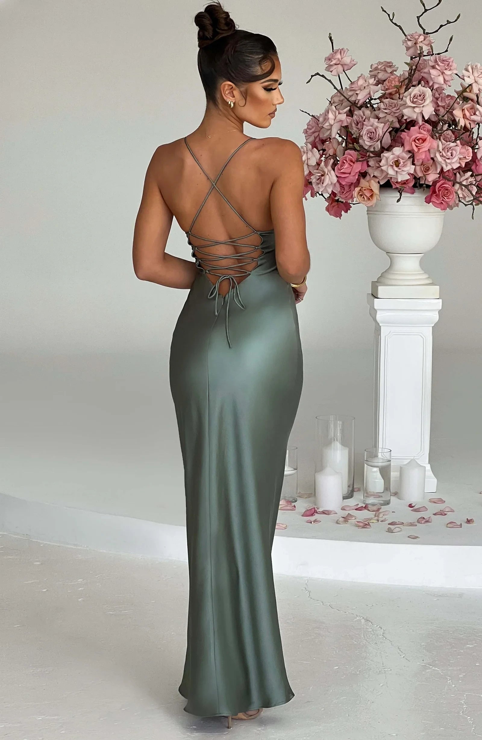 Elegant Bodycon Sweetheart Corset Backless Satin Sage Floor-Length Prom Dress