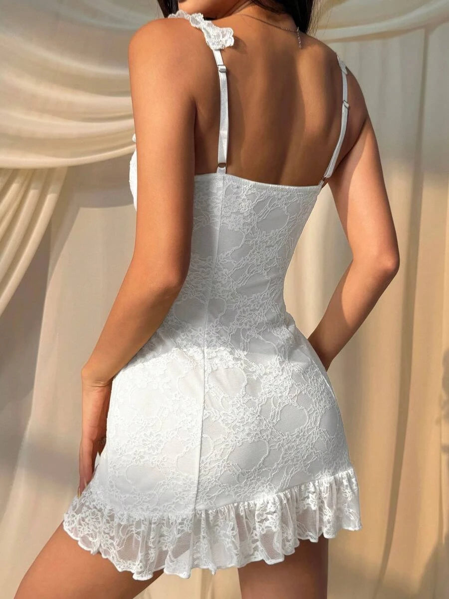 Elegant Bodycon Sweetheart Ruffle Hem Lace White Mini Homecoming Dress