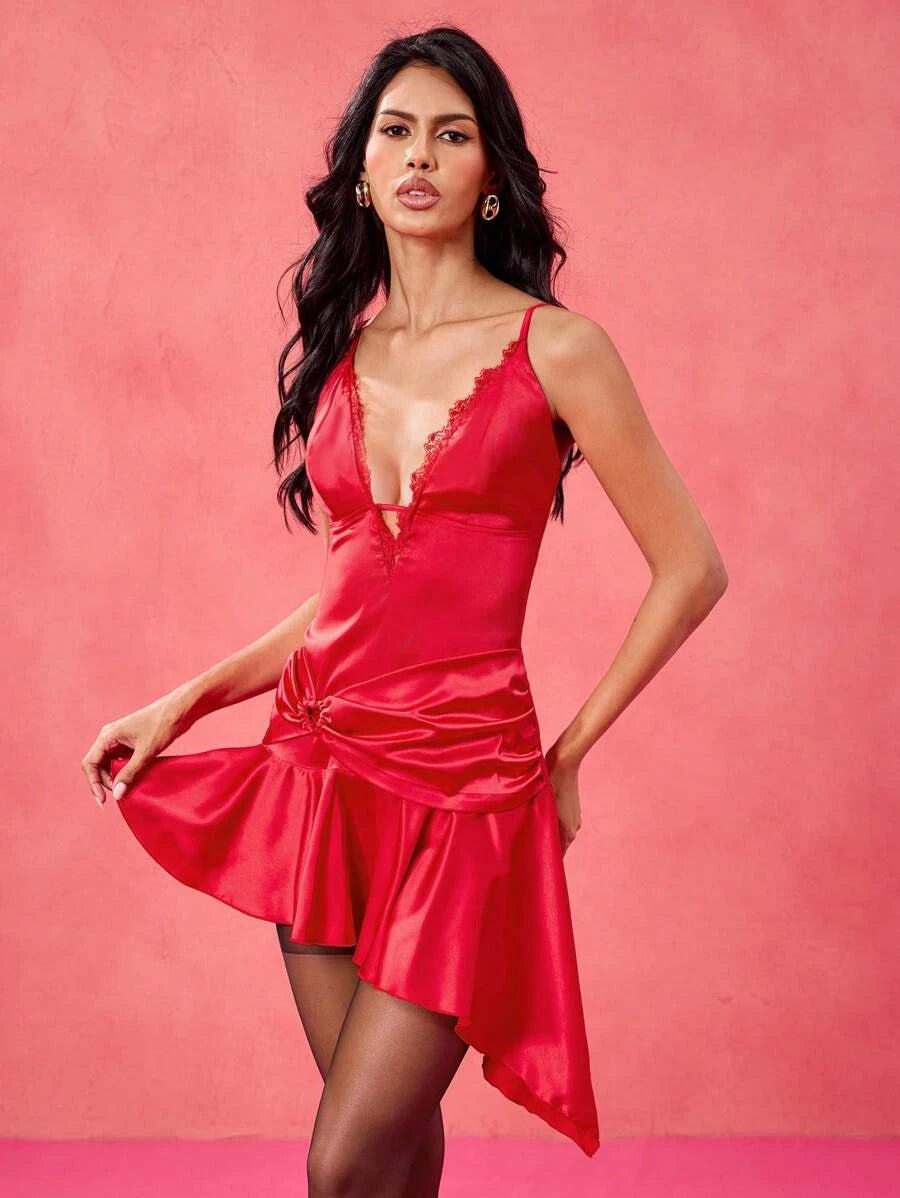 Elegant Fitted V-Neck Ruched Hem Ruffled Lace Satin Red Mini Homecoming Dress