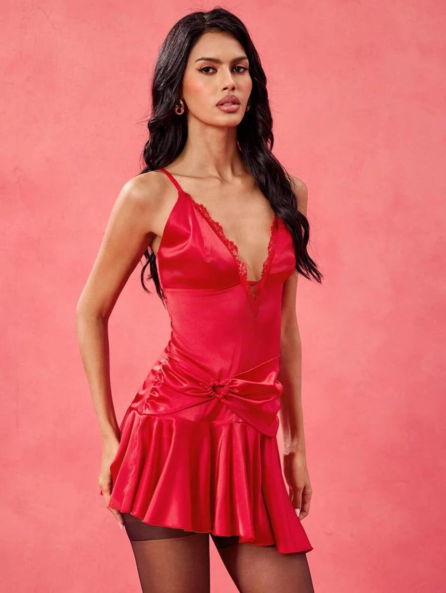 Elegant Fitted V-Neck Ruched Hem Ruffled Lace Satin Red Mini Homecoming Dress