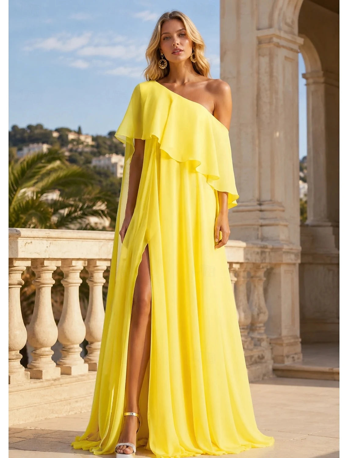 Elegant Flowy A-Line One-Shoulder Ruffled Slit Chiffon Yellow Floor-Length Prom Dress