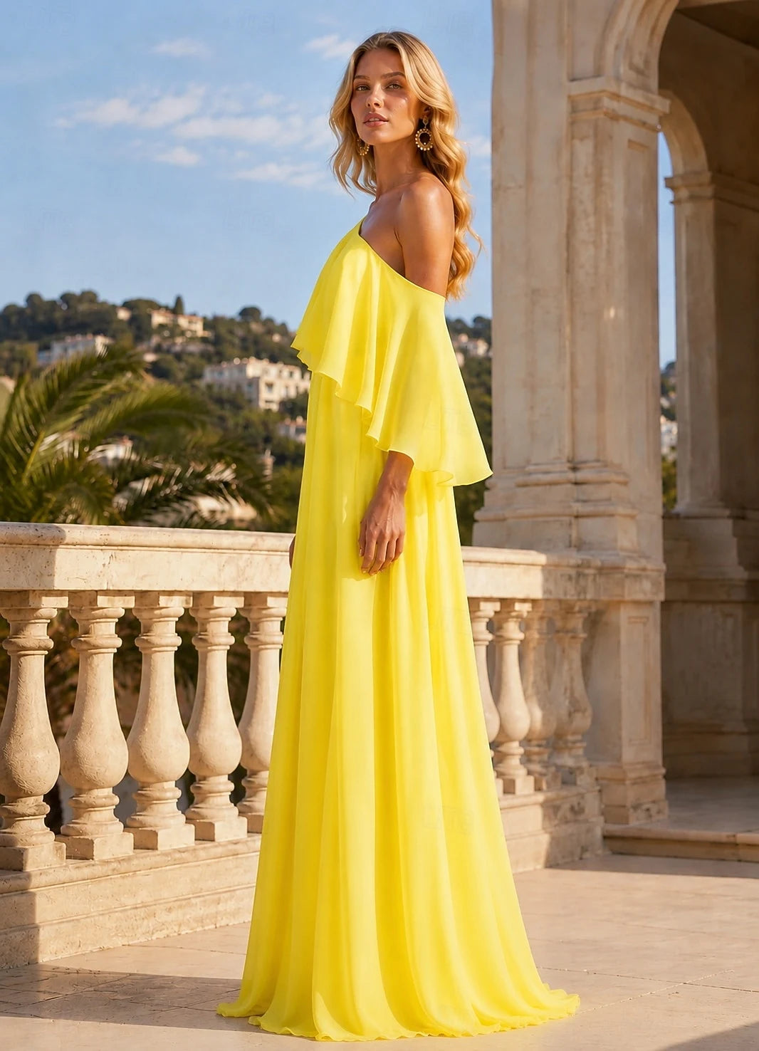 Elegant Flowy A-Line One-Shoulder Ruffled Slit Chiffon Yellow Floor-Length Prom Dress