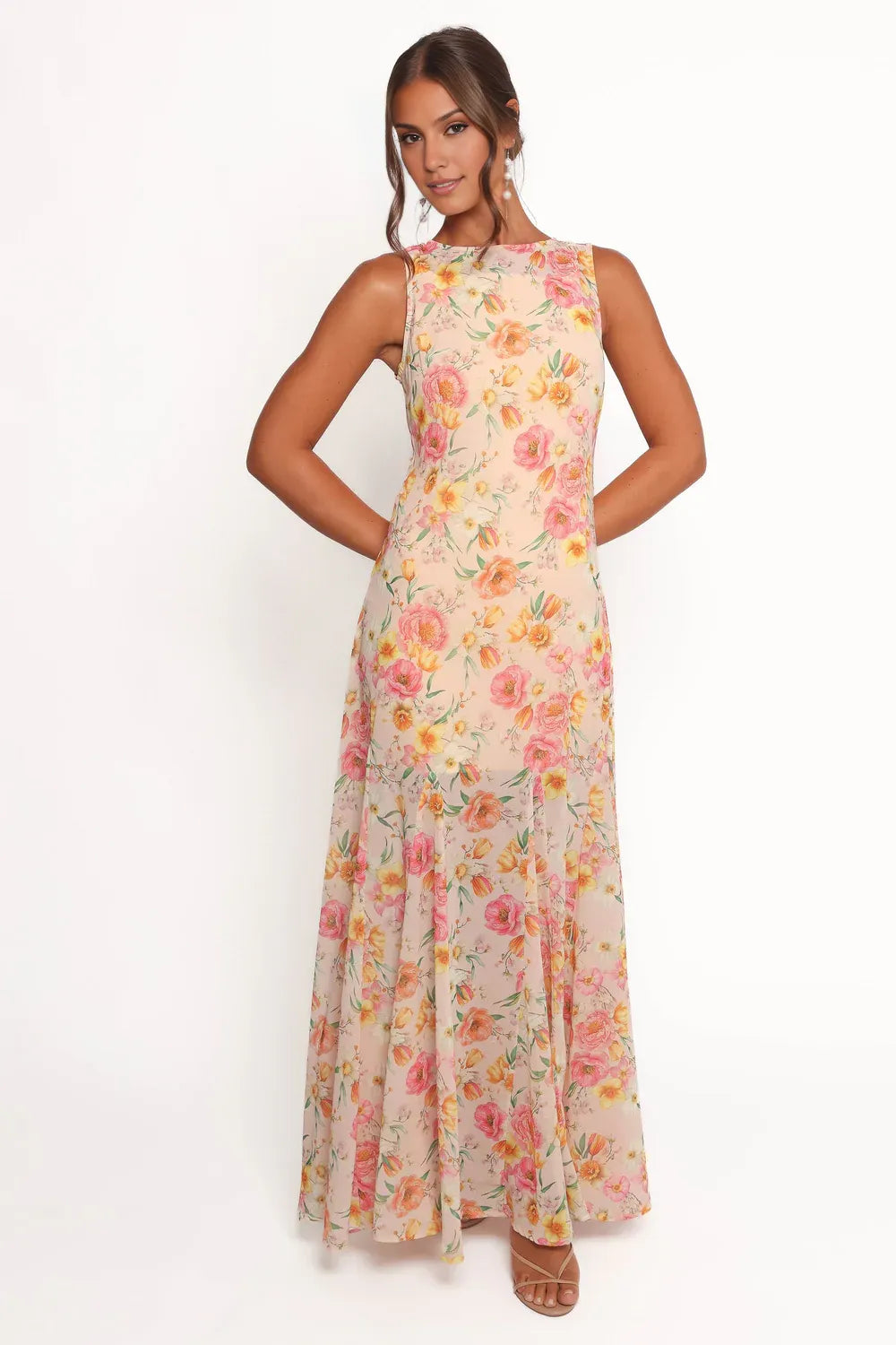 Elegant Mermaid Boat Neck Sleeveless Floral-Print Chiffon Floor-Length Prom Dress